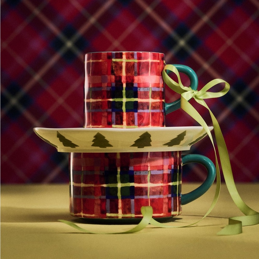 Anthropologie Tartan Stoneware Mug | Red | NIB